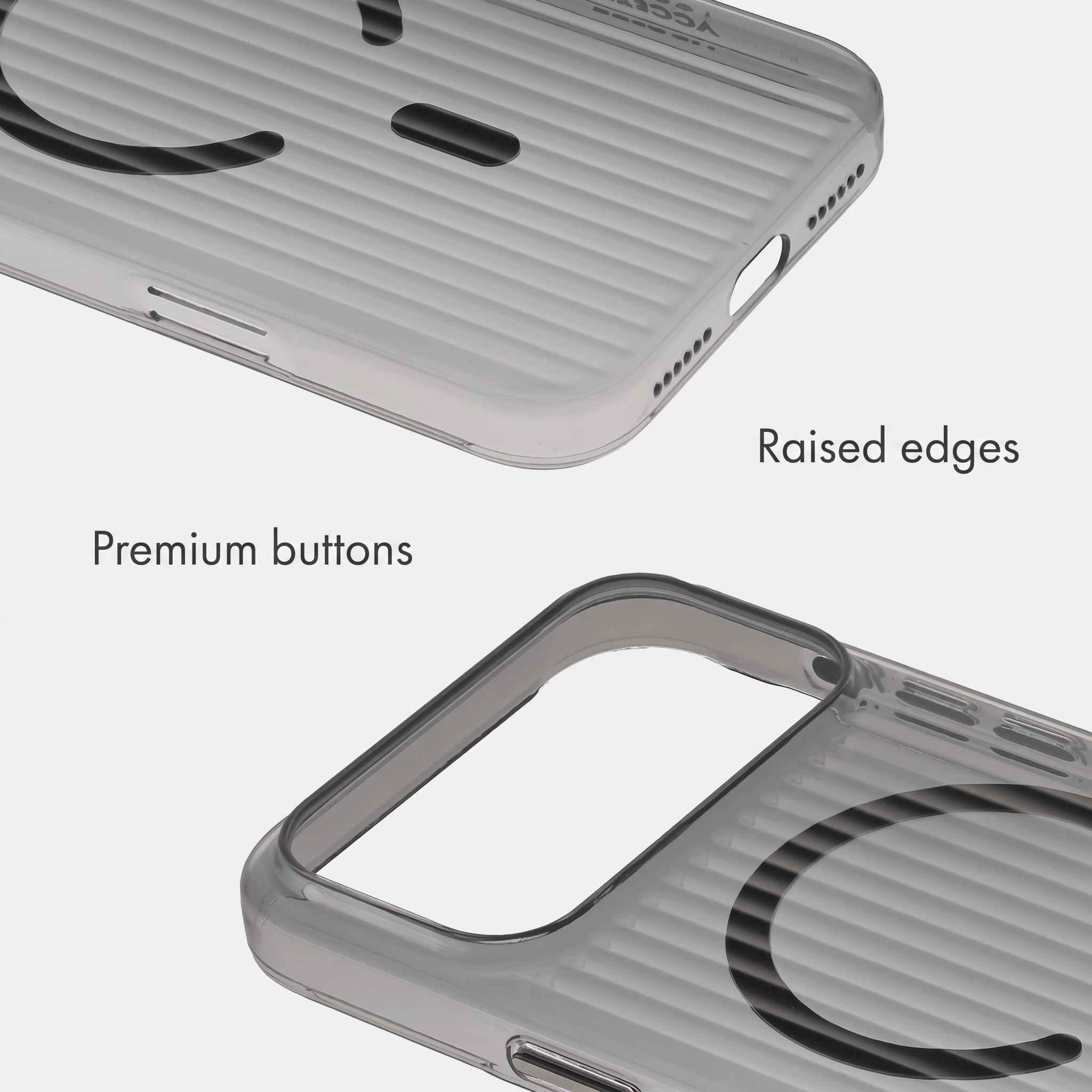 Transparente Handyhülle mit geripptem Design, erhabenen Kanten und Premium-Tasten auf hellem Hintergrund.