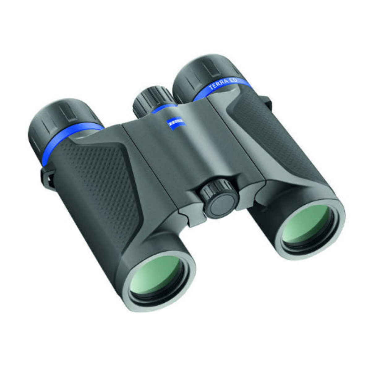 Un par de prismáticos negros Zeiss Terra ED con anillos azules alrededor de los oculares en fondo blanco.