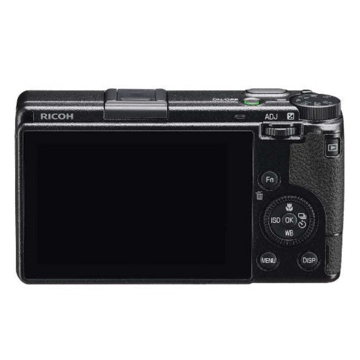 Vista trasera de una cámara compacta Ricoh negra con pantalla y botones de control.