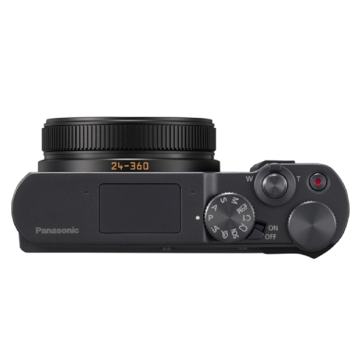 Oberseite einer schwarzen Panasonic Kamera mit Objektiv und Bedienelementen.