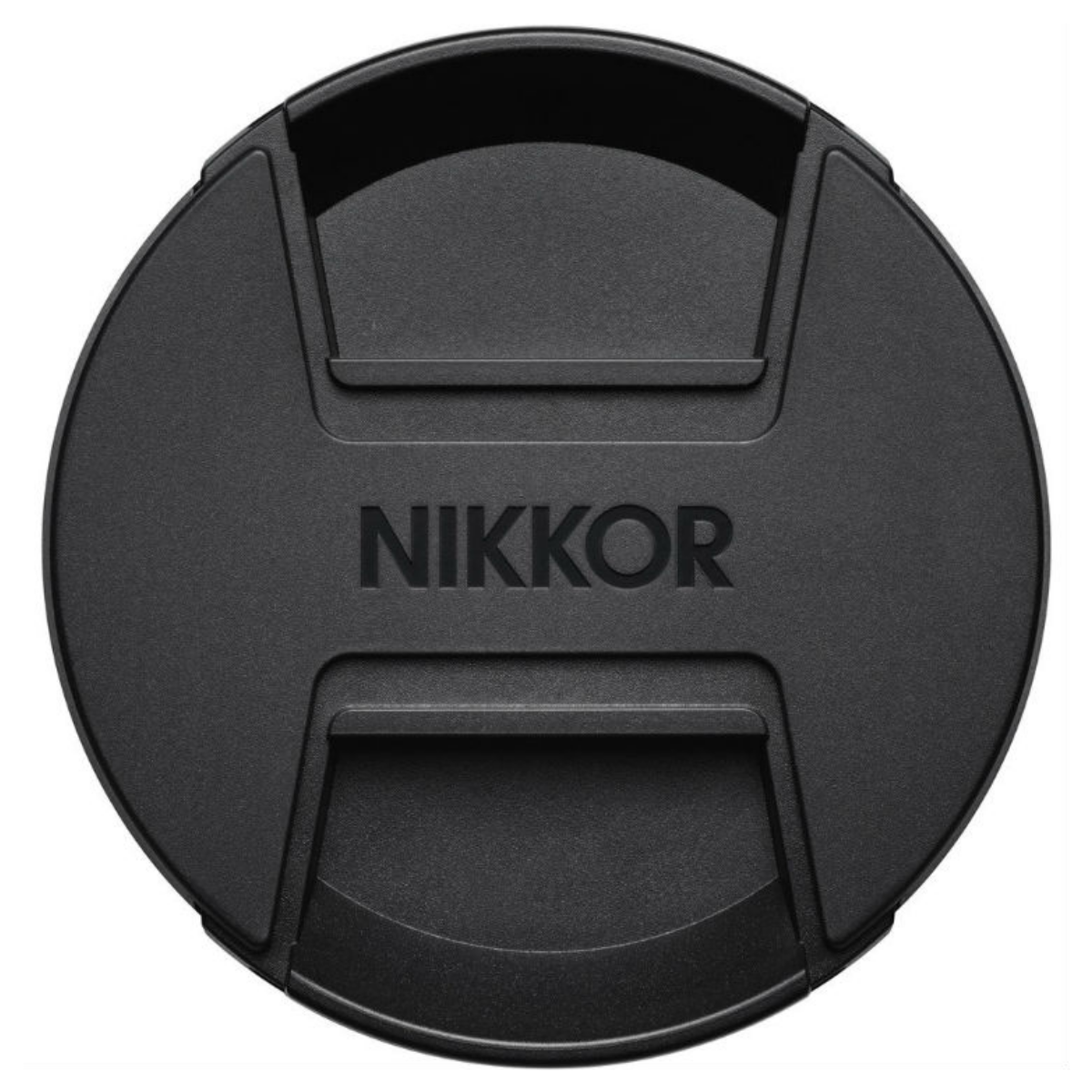 Schwarzer runder Nikkor Kamera-Objektivdeckel mit zentralem Markenlogo.