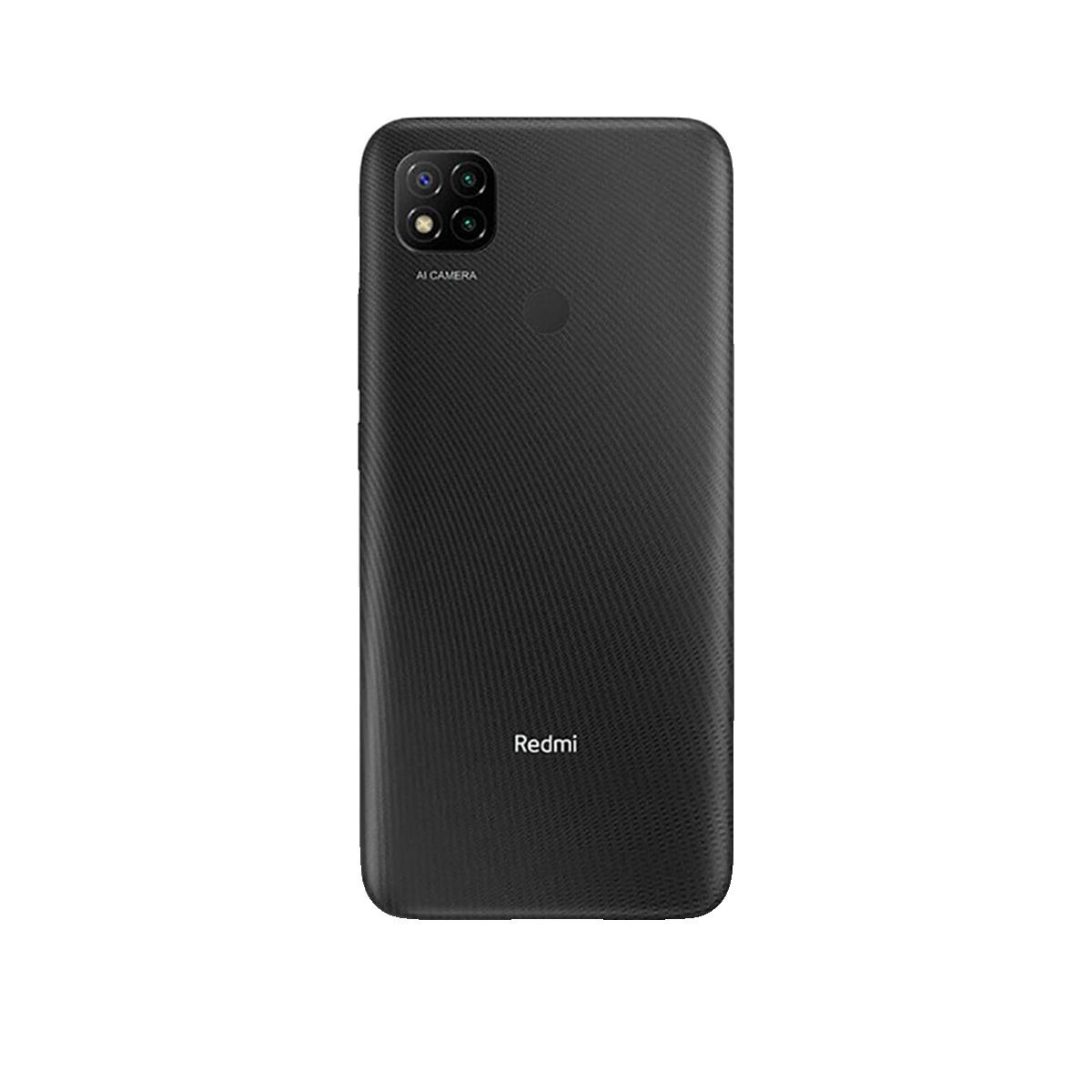 Retro di uno smartphone nero Redmi con superficie testurizzata, fotocamera quadrata e logo Redmi.
