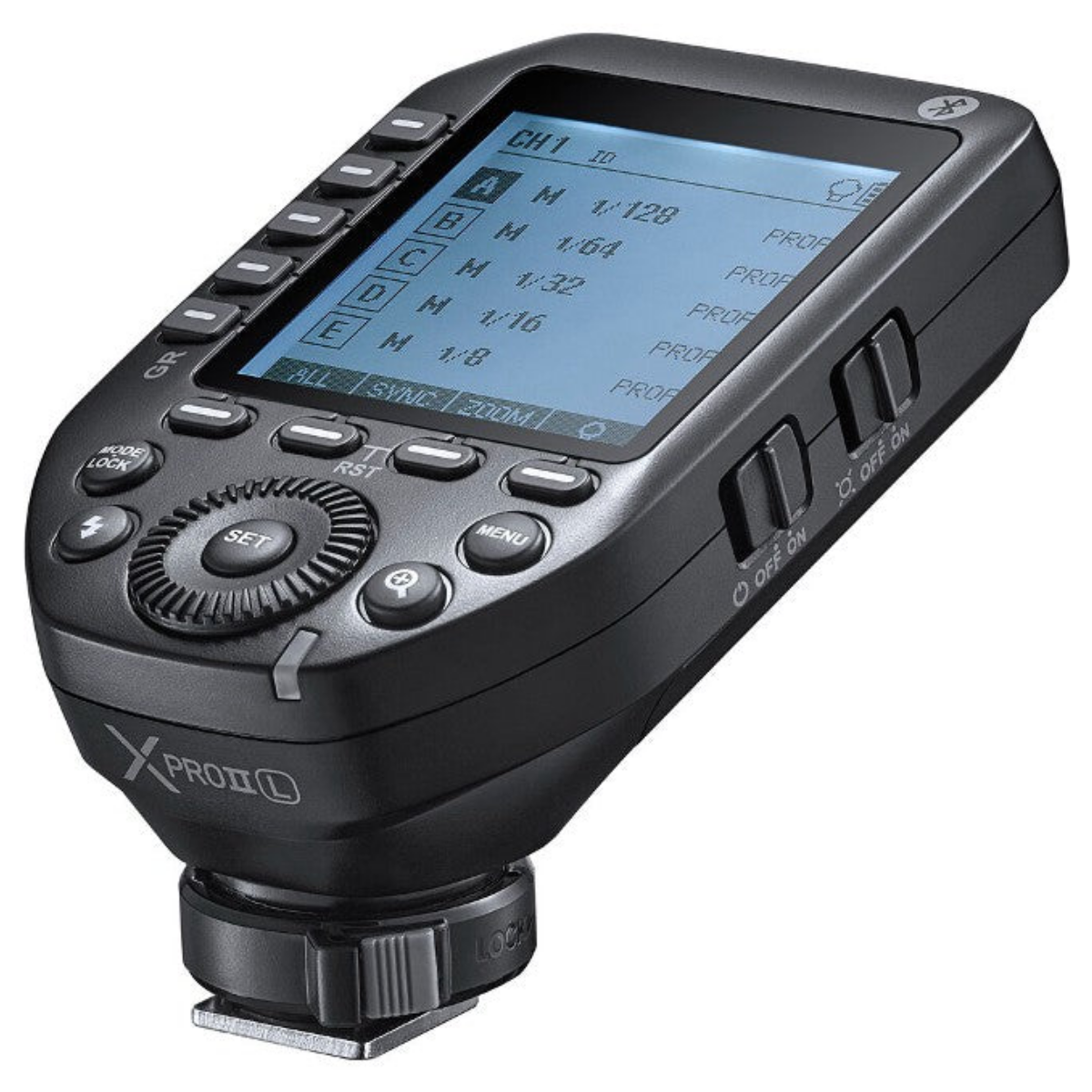Un trigger flash wireless nero con schermo LCD, pulsanti di controllo e slitta.