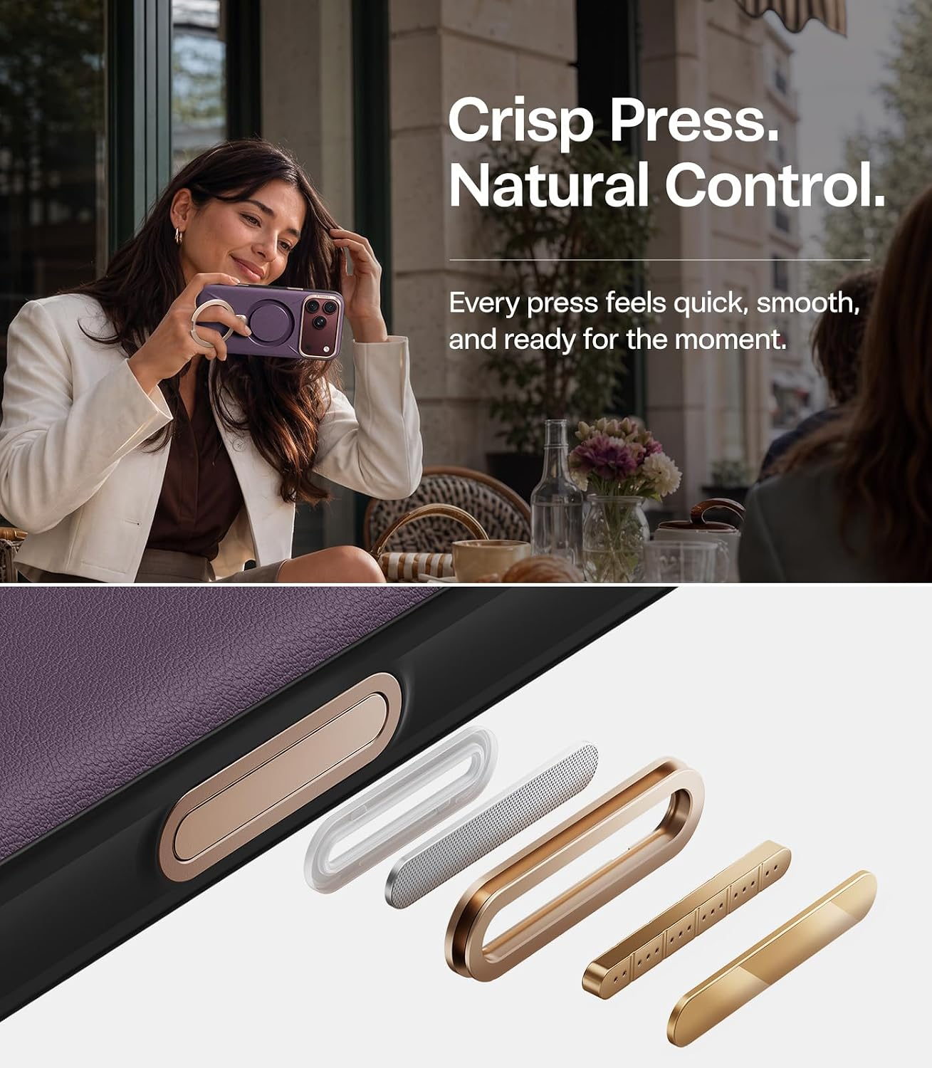 Eine Frau hält ein lila Handy, mit Text und einer Explosionszeichnung eines goldenen Knopfs.