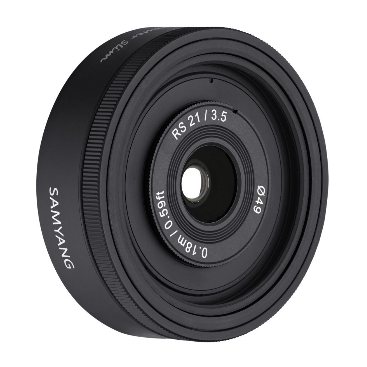 Schwarzes Samyang RS 21/3.5 Kameratikev auf weißem Hintergrund.