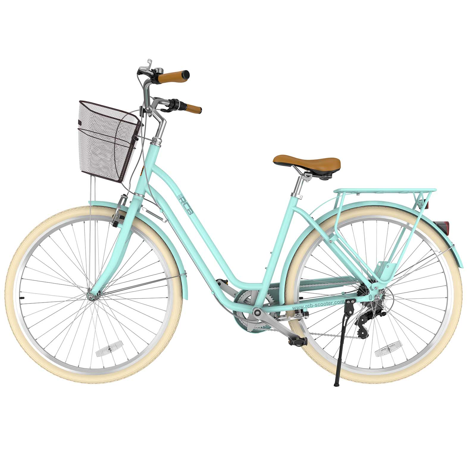 Türkisblaues Citybike mit braunem Sattel, Lenkergriffen und Frontkorb auf weißem Hintergrund.