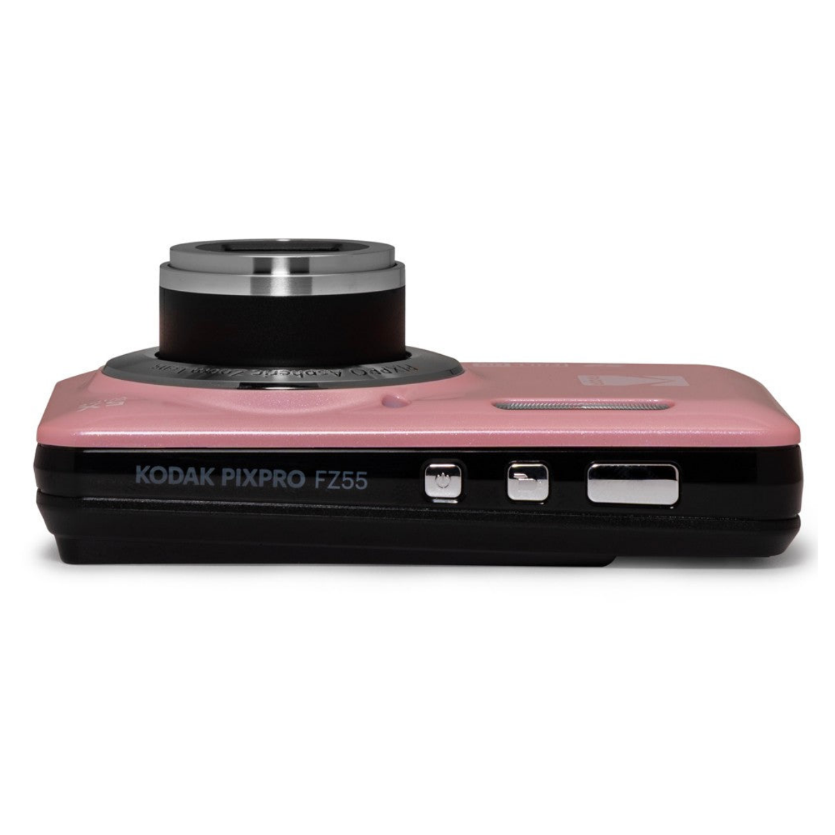 Eine rosa Kodak Pixpro FZ55 Digitalkamera von der Seite mit ausgefahrenem Objektiv auf weißem Hintergrund.