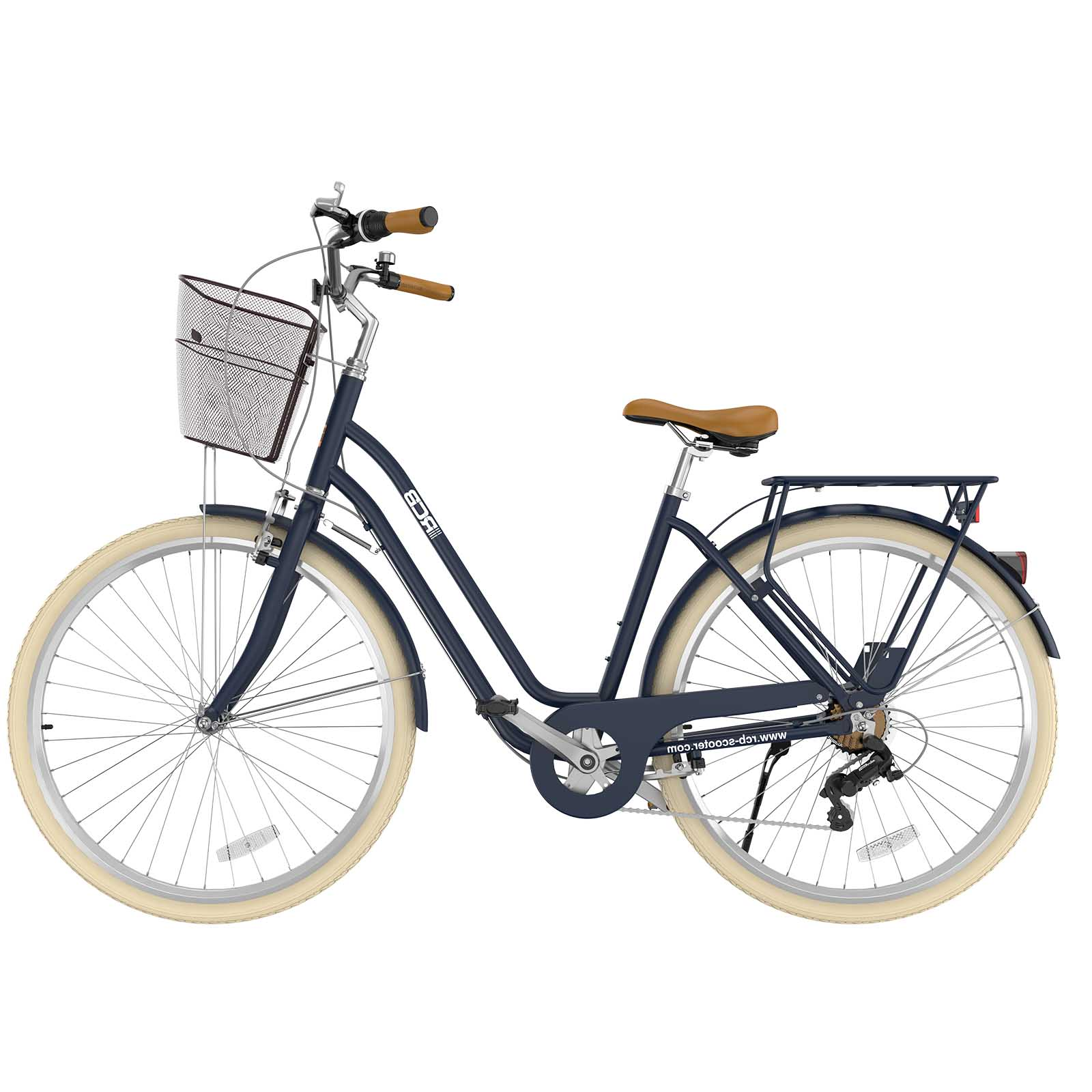 Dunkelblaues Damenstadtfahrrad mit braunem Sattel, Griffen, Korb und cremefarbenen Reifen.