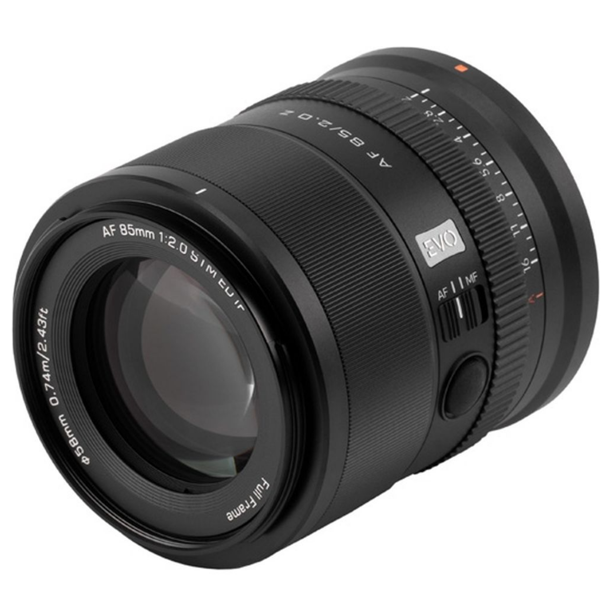 Beyaz arka planda siyah 85mm f/2.0 EVO kamera lensi.