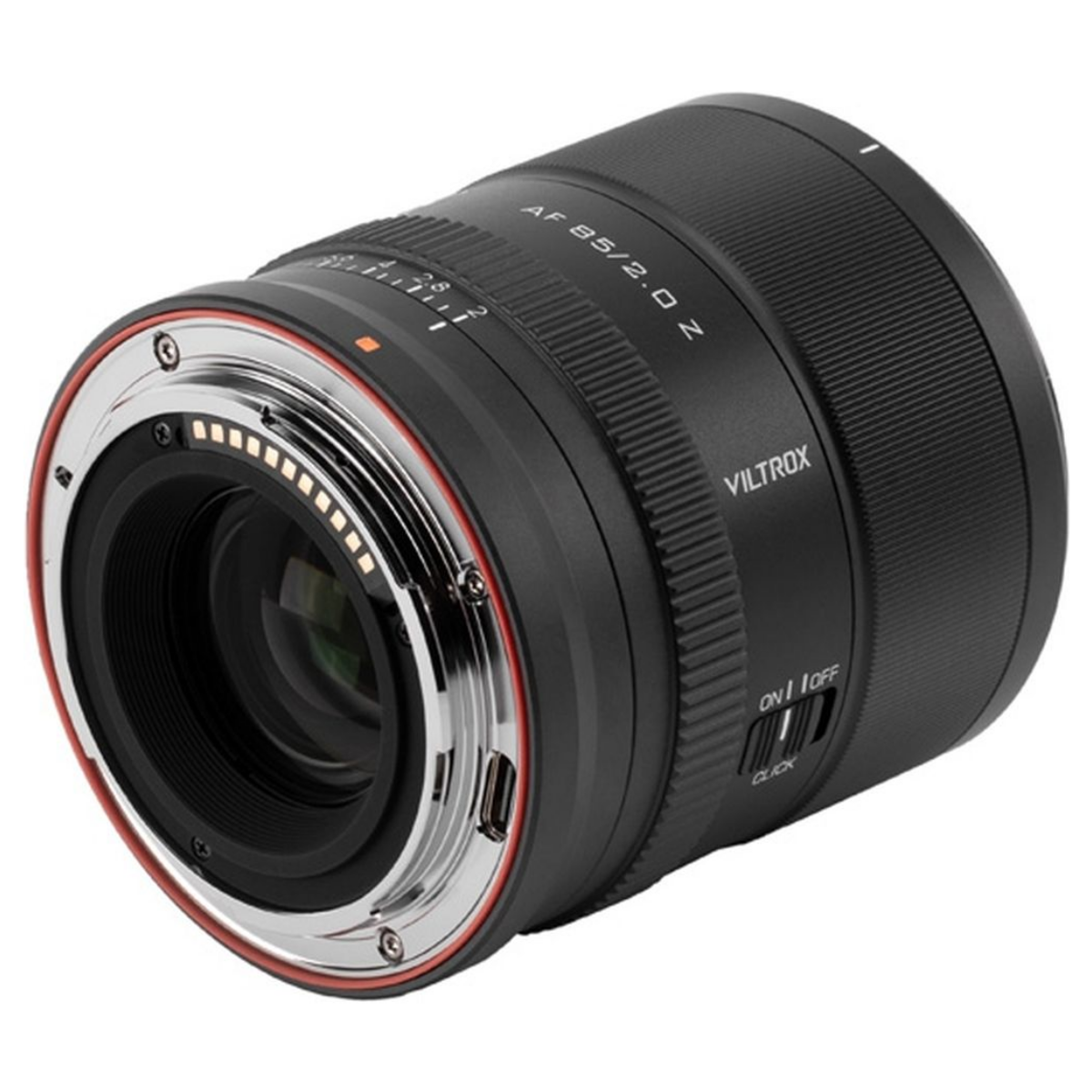 Beyaz arkaplanda metal montaj ve elektronik temas noktalarına sahip siyah Viltrox AF 85mm f/2.0 Z kamera lensi.