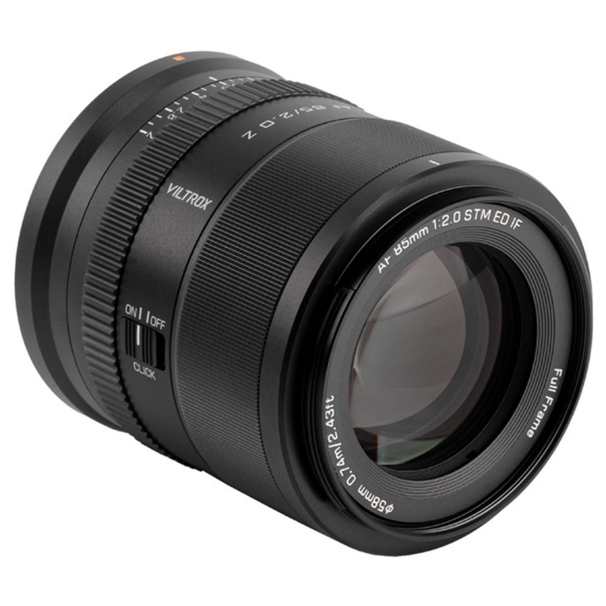 Beyaz arka planda odak halkaları ve anahtarı olan siyah bir Viltrox AF 85mm f/2.0 kamera lensi.