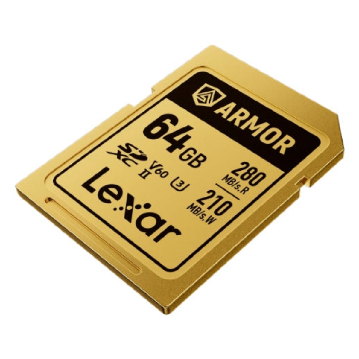 Eine goldene Lexar 64GB Armor SD-Karte mit schwarzer Beschriftung auf einem weißen Hintergrund.