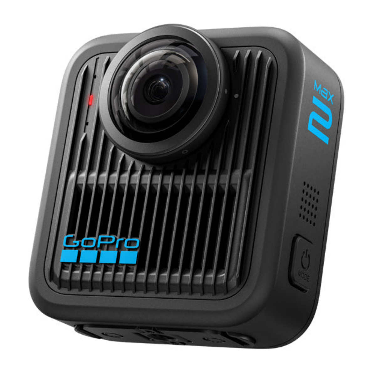 Önünde ve yanında mavi logolar ve büyük küresel lens bulunan siyah GoPro Max 2 aksiyon kamerası.