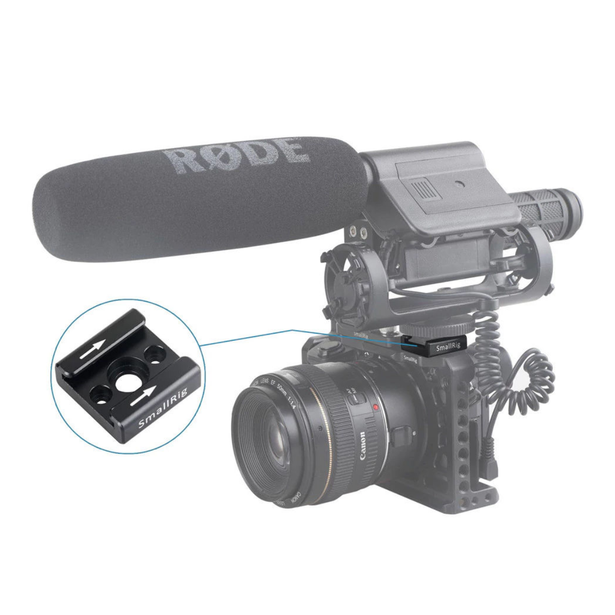 Eine Kamera mit Røde-Mikrofon und einem vergrößerten SmallRig-Blitzschuhadapter.