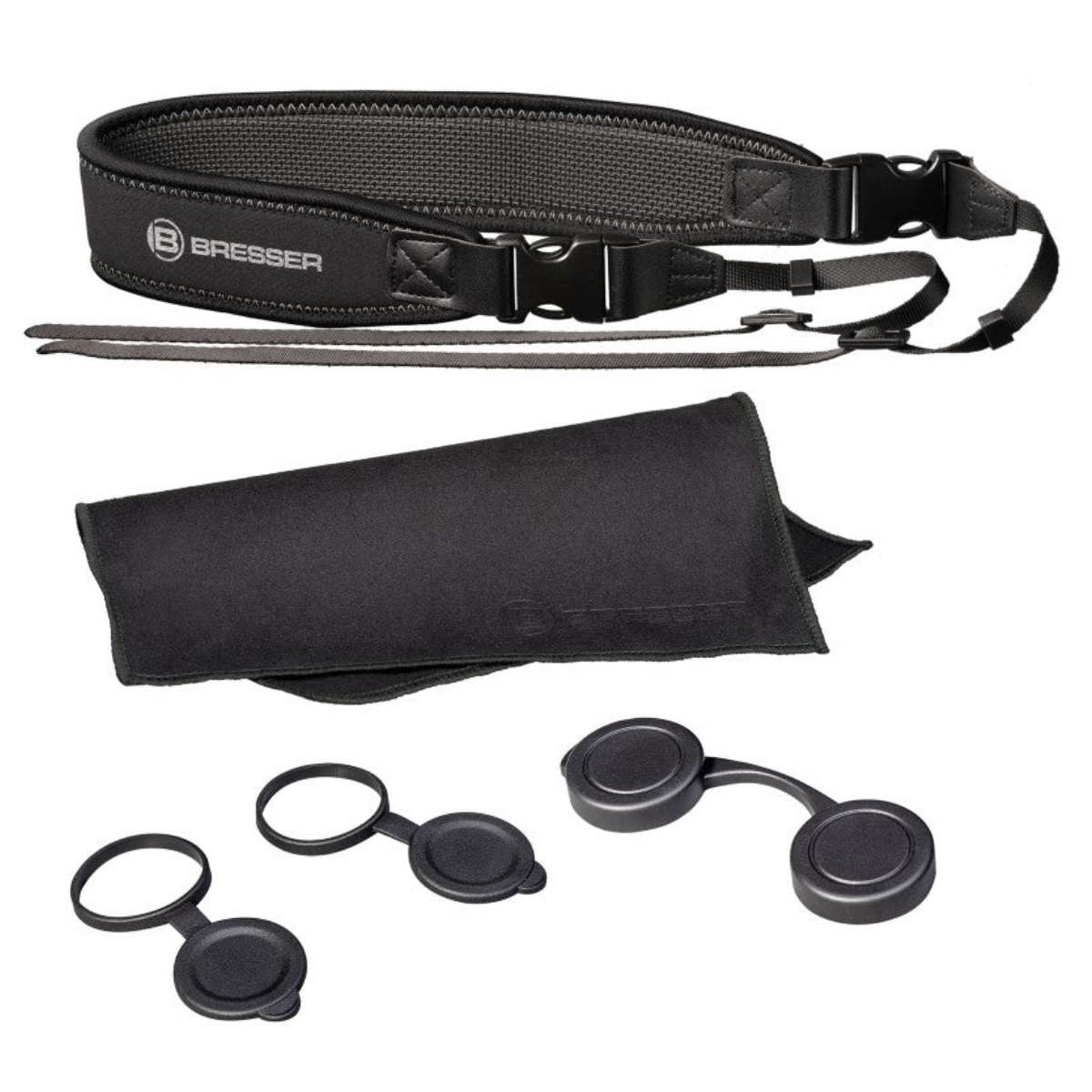 Correa de cámara negra Bresser, funda y tapas de lentes sobre fondo blanco.
