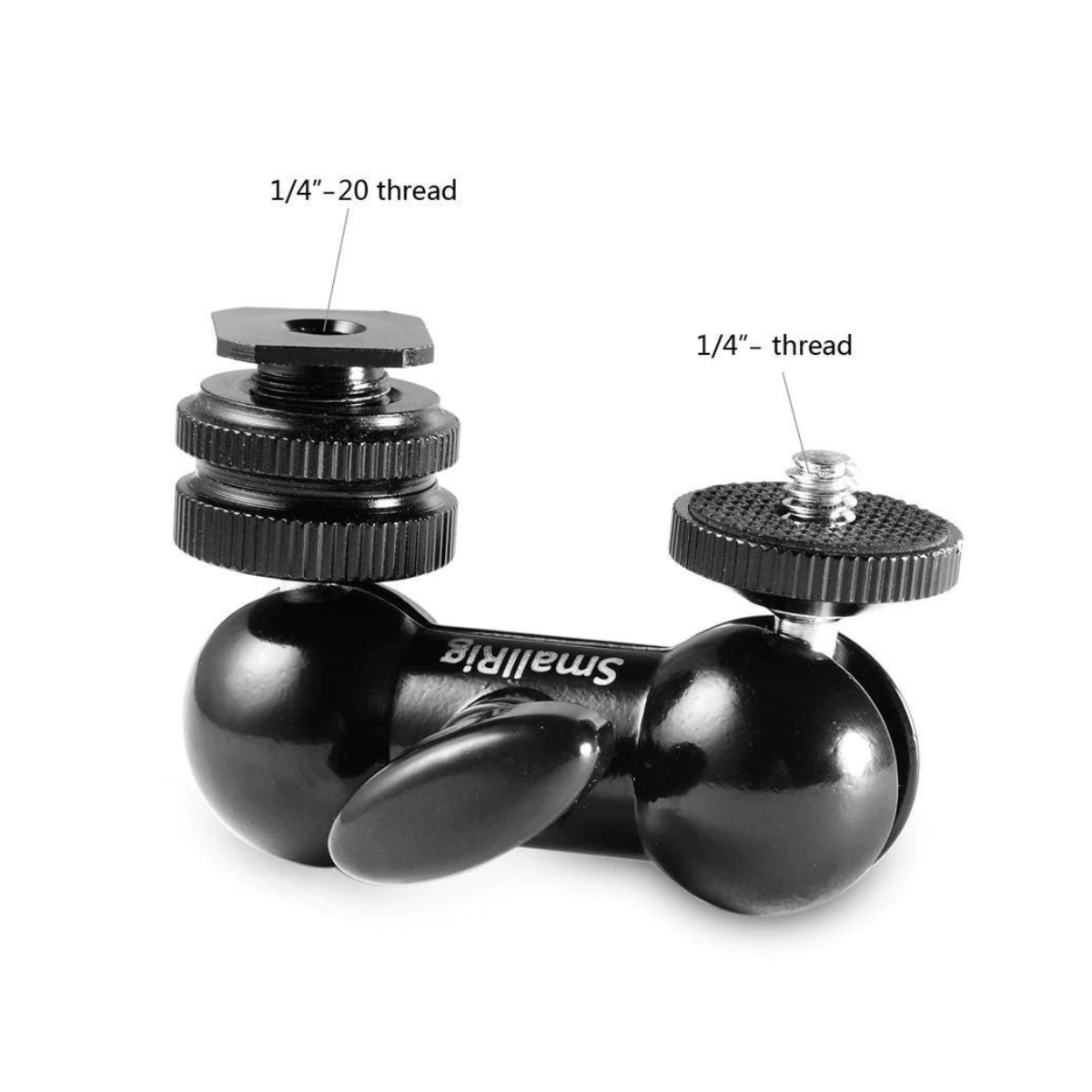 Schwarze SmallRig-Doppelkugelhalterung mit 1/4-Zoll-Gewinden.