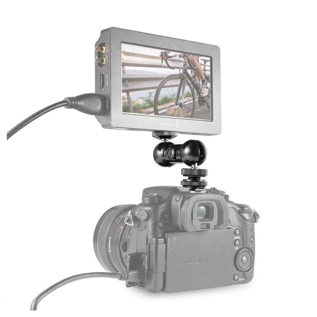 Ein Videomonitor ist über einen KugelKopf und Kabel mit einer grauen Lumix Kamera verbunden.