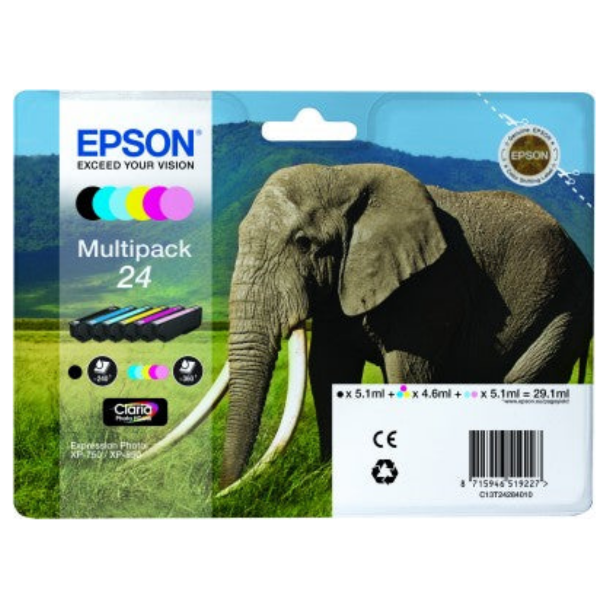 Epson Multipack 24 Tintenpatronen-Verpackung mit Elefantenmotiv.