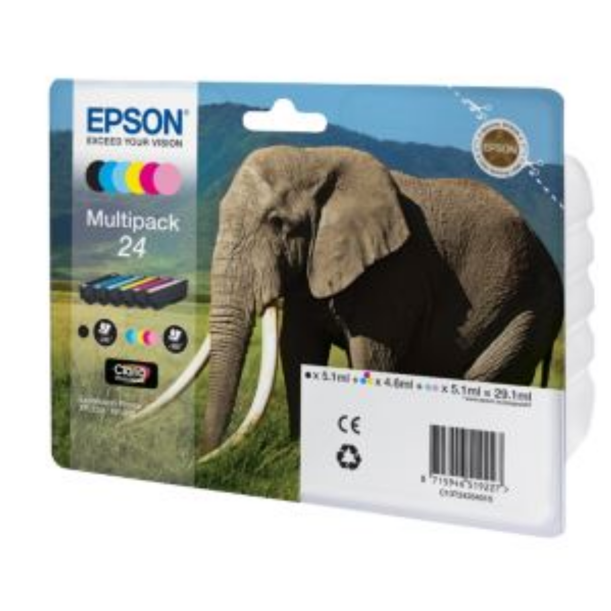 Epson Multipack 24 Tintenpatronen Verpackung mit Elefantenmotiv.