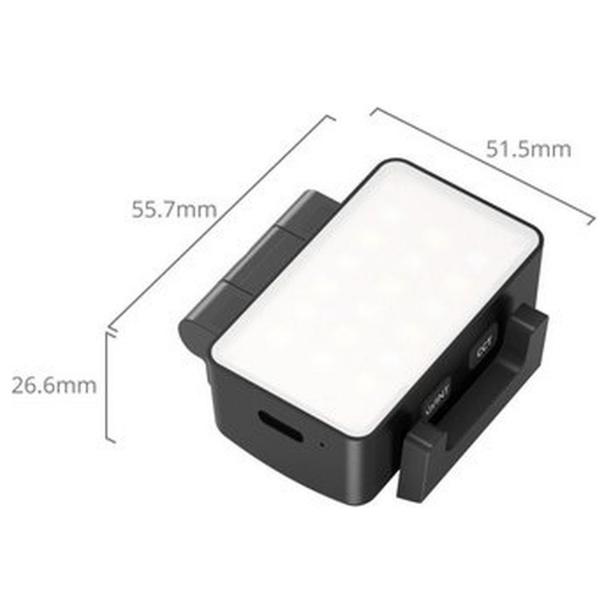Eine schwarze, rechteckige LED-Videoleuchte mit den Maßen 55,7 mm x 51,5 mm x 26,6 mm auf weißem Hintergrund.