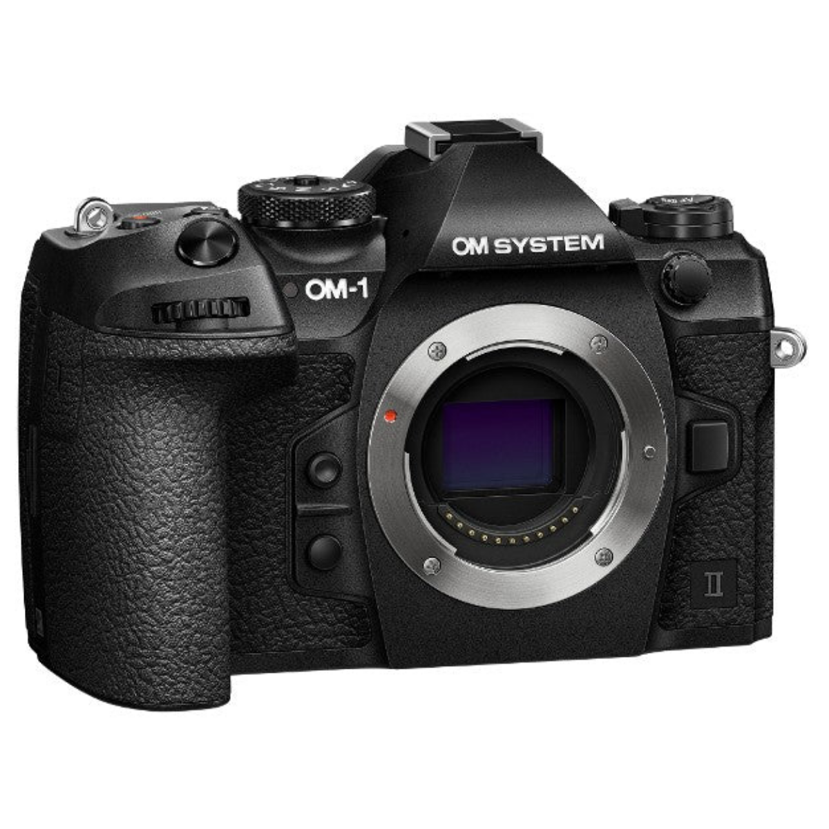 Corpo macchina nero OM SYSTEM OM-1 Mark II visto frontalmente.