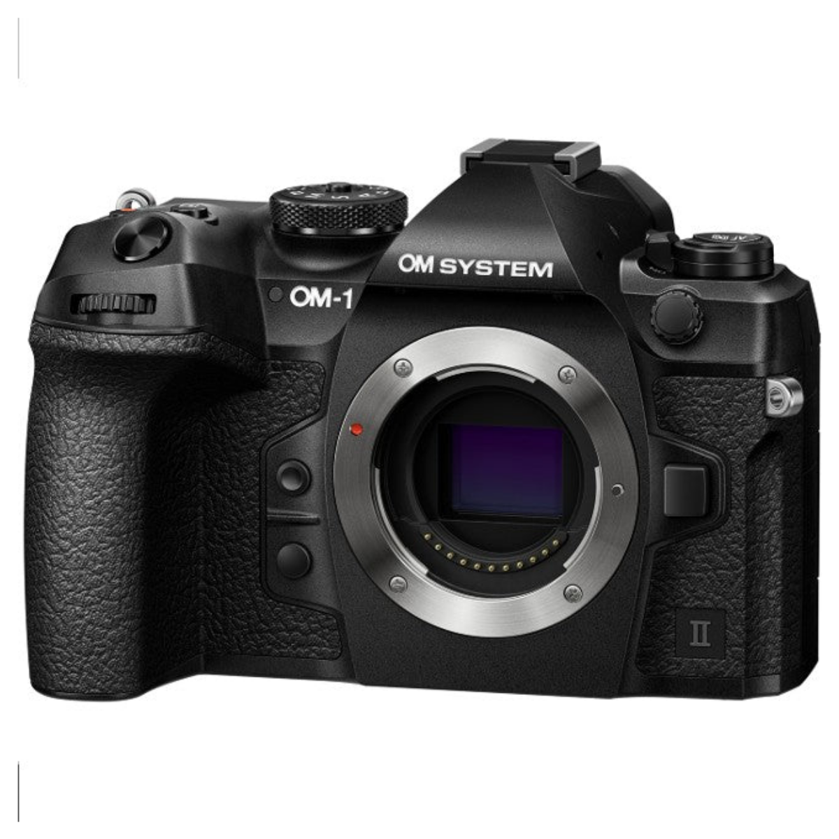 Un corpo macchina fotografica digitale nero OM SYSTEM OM-1 Mark II su sfondo bianco.