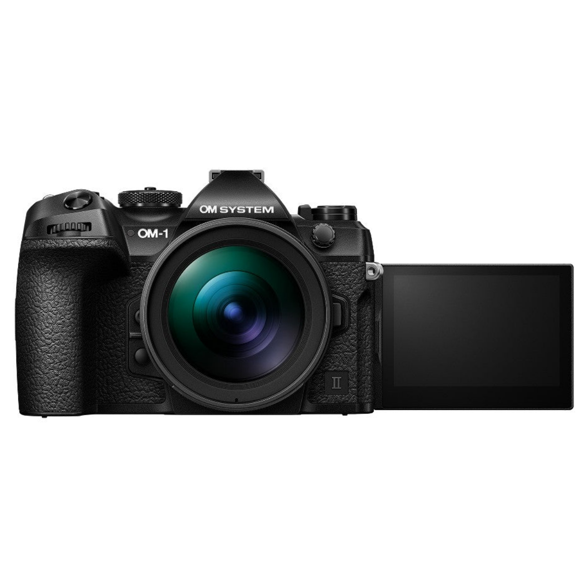 Fotocamera nera OM System OM-1 Mark II con un obiettivo grande e schermo aperto.