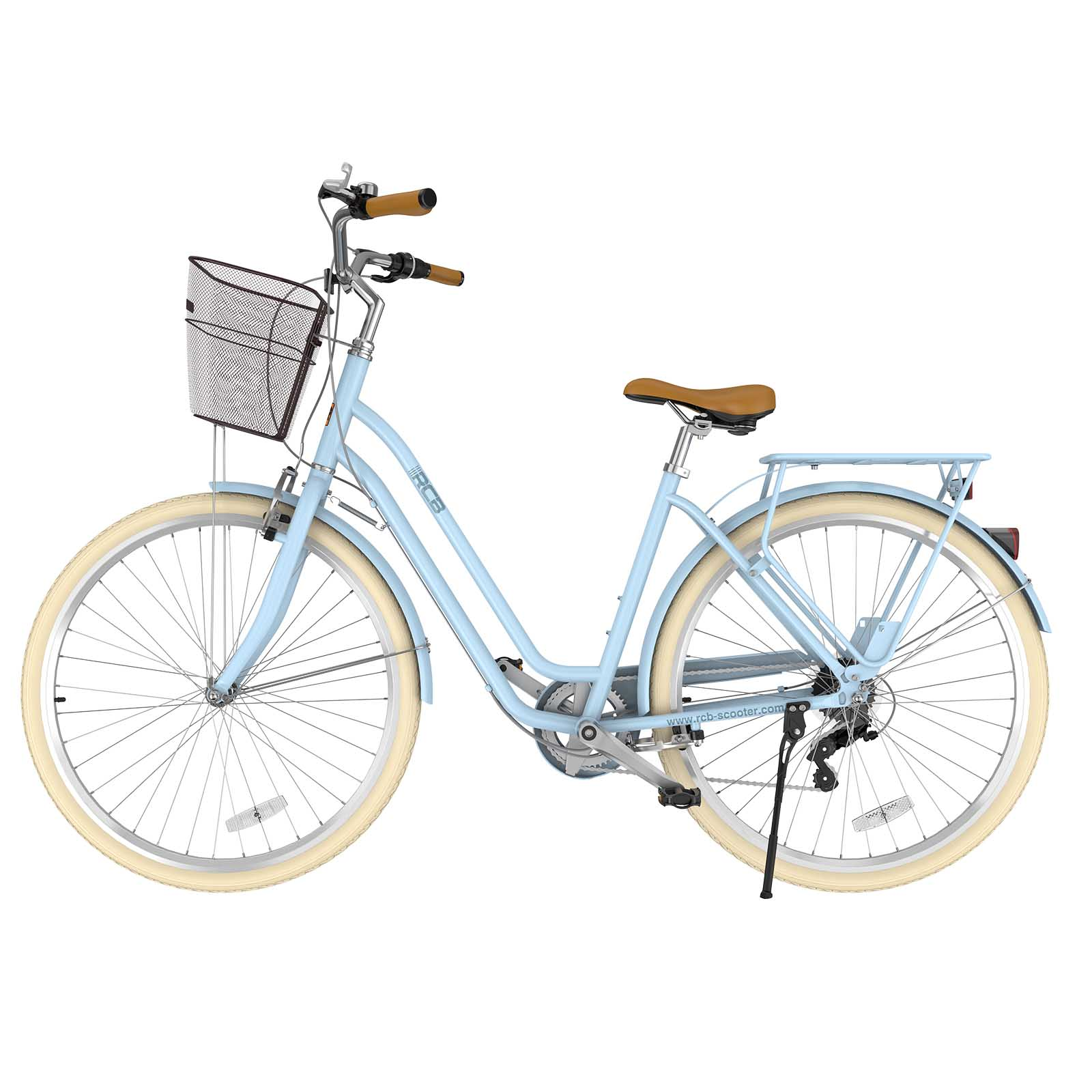 Hellblaues City-Fahrrad mit braunem Sattel, Griffen und Frontkorb vor weißem Hintergrund.