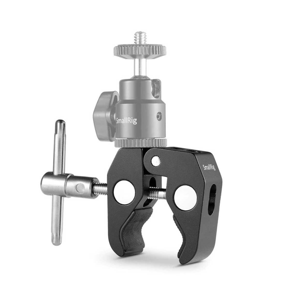 Eine schwarze SmallRig Superklemme mit T-Griffschraube und Silberkopf auf weißem Hintergrund.