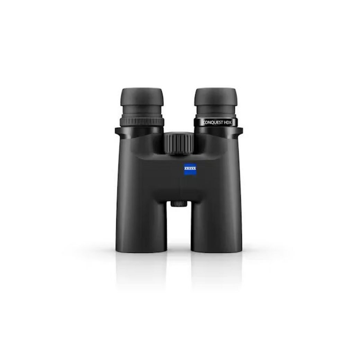 Unos prismáticos negros Zeiss Conquest HDX centrados sobre un fondo blanco con un sutil reflejo debajo.