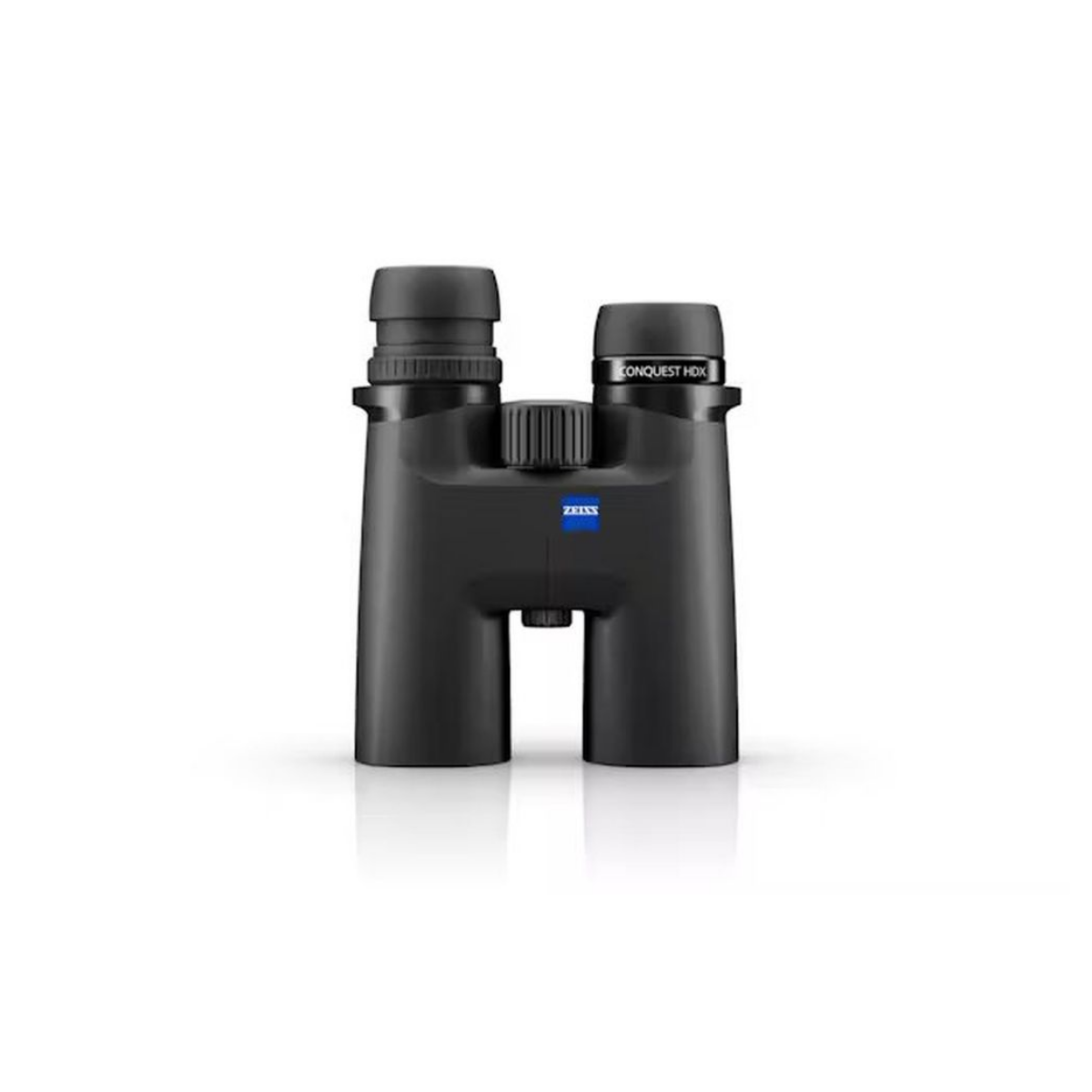 Prismáticos negros Zeiss Conquest HD sobre fondo blanco con logotipo de marca azul.