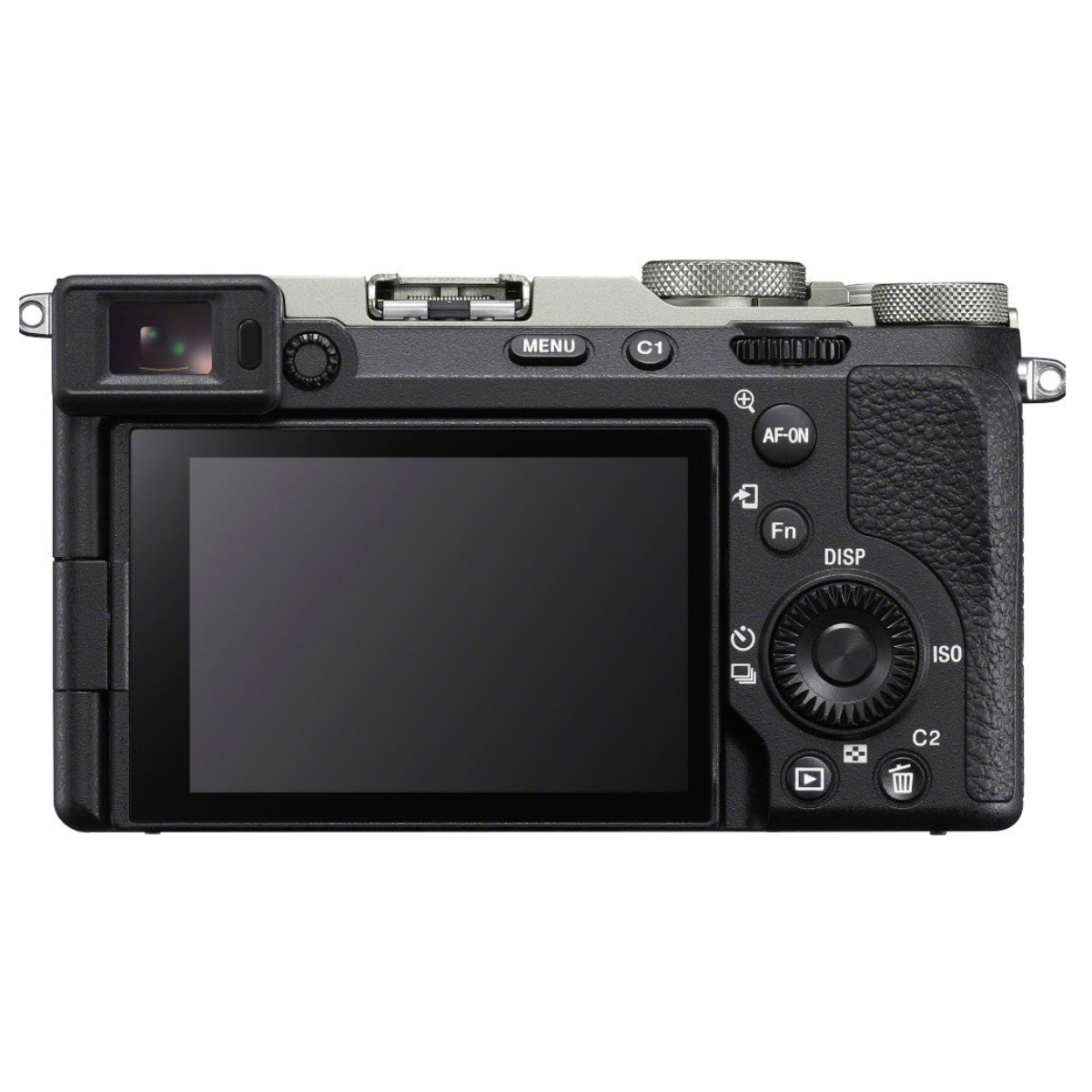 Vista posteriore di una fotocamera digitale nera e argento con schermo LCD, mirino e pulsanti di controllo.