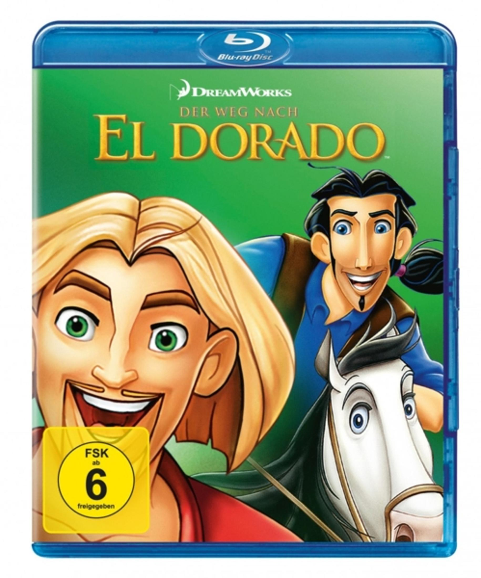 Blu-ray-Hülle des Animationsfilms Der Weg nach El Dorado mit zwei Hauptfiguren und einem weißen Pferd.
