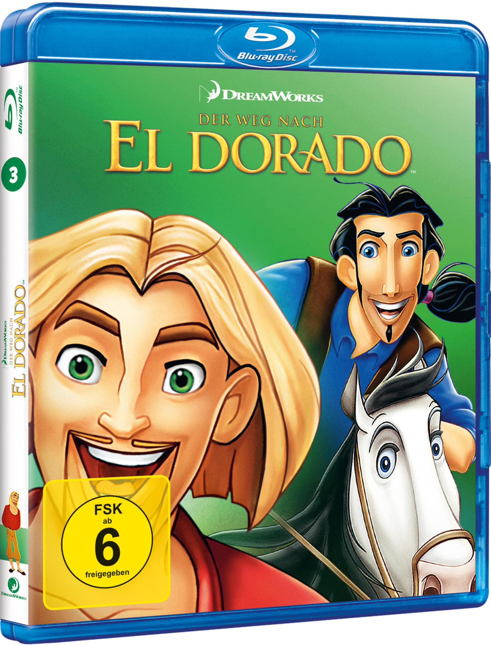 Blu-ray-Hülle des Animationsfilms Der Weg nach El Dorado mit zwei Hauptfiguren und einem weißen Pferd.