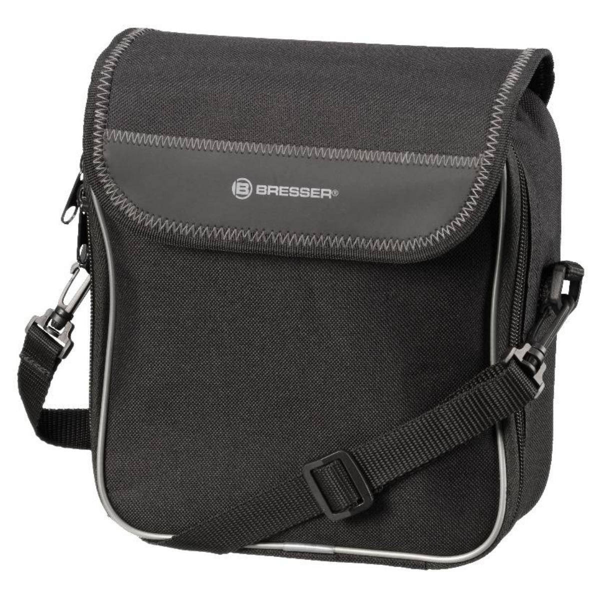 Un bolso bandolera Bresser negro con correa ajustable y costuras decorativas blancas sobre fondo claro.