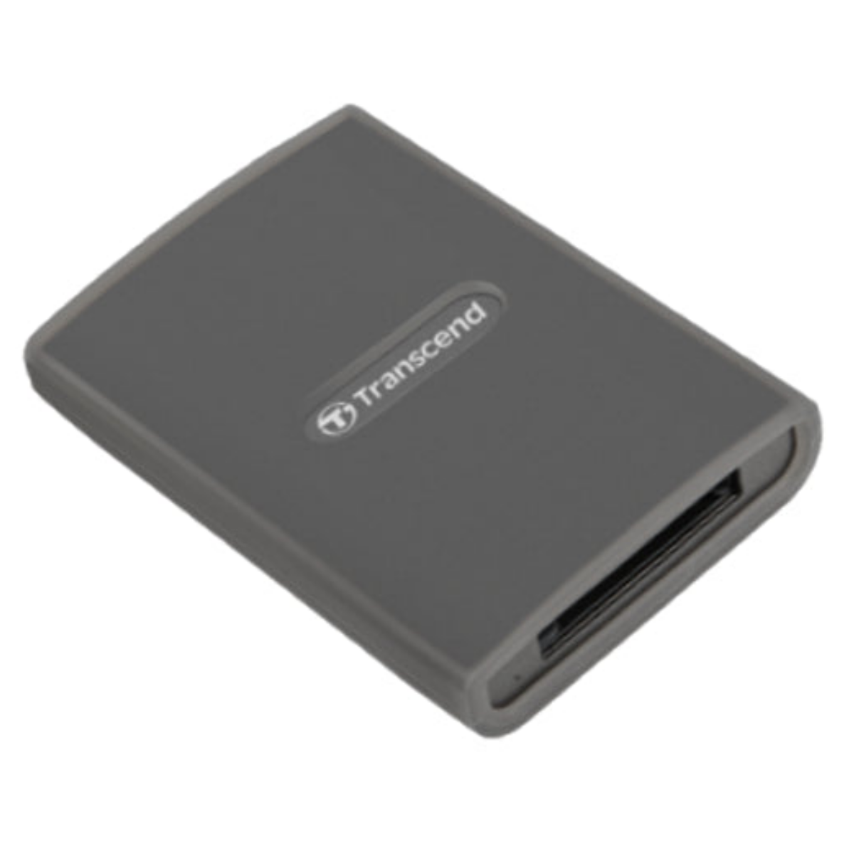 Köşeleri yuvarlatılmış ve ön tarafında USB bağlantı noktası bulunan gri bir Transcend taşınabilir disk.