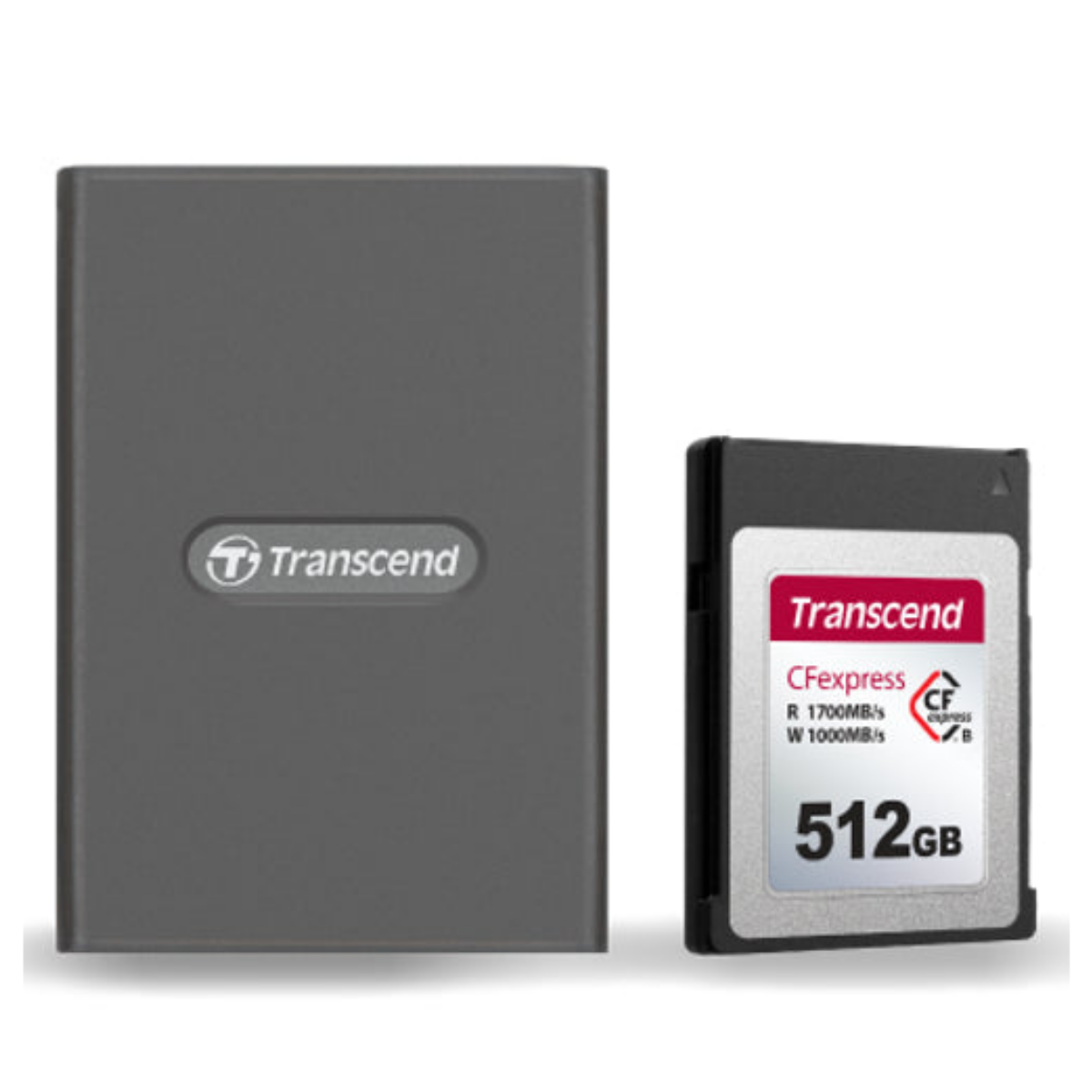 Beyaz arkaplanda Transcend CFexpress 512GB hafıza kartı ve koyu gri saklama kılıfı.