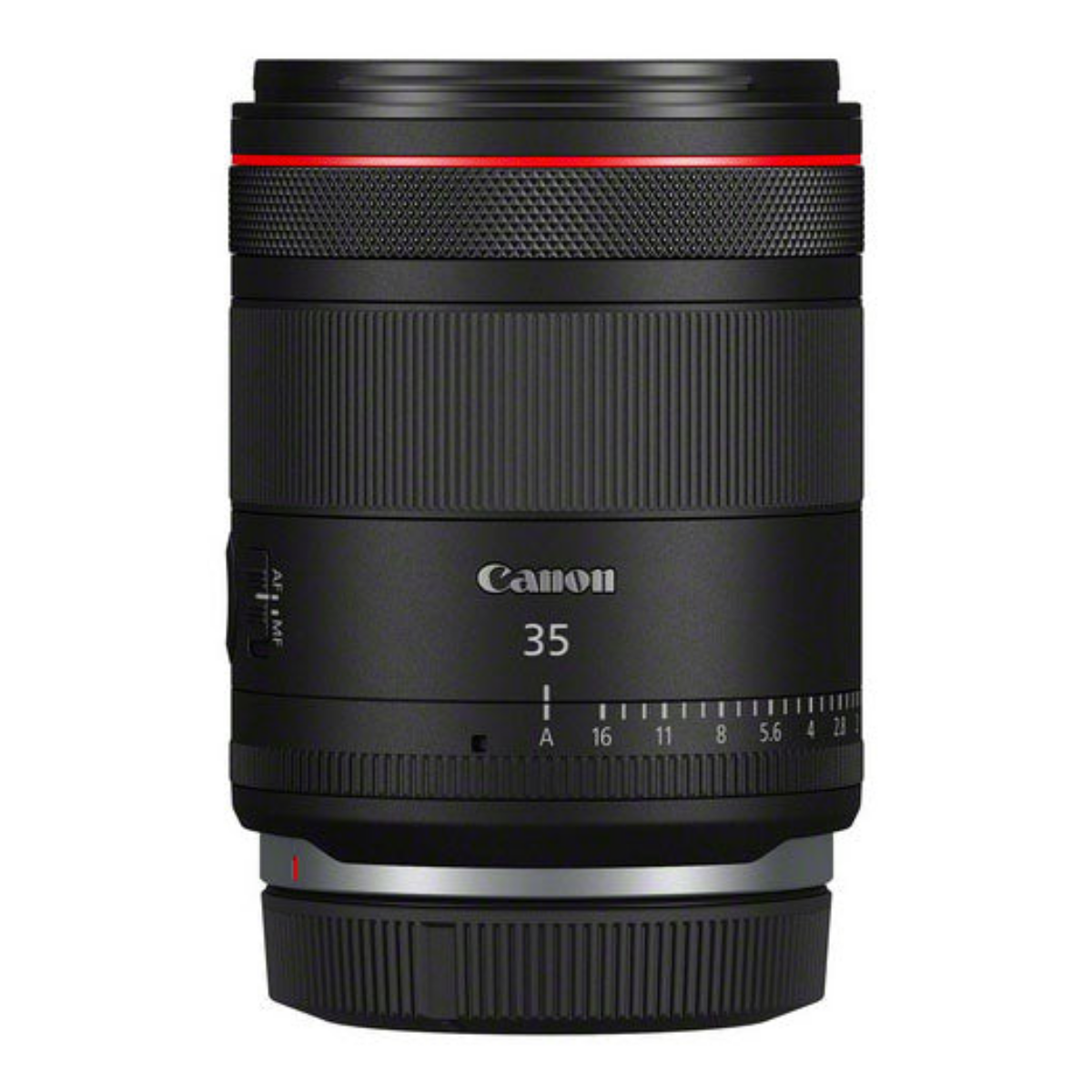 Schwarzes Canon 35mm Kameraobjektiv mit roten Akzenten und geriffelten Ringen.