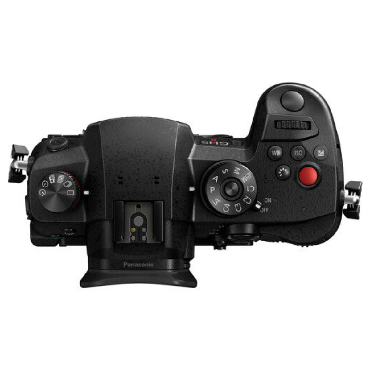 Vista superior de una cámara Panasonic GH5 II negra con botones de control, diales y un botón de grabación rojo.