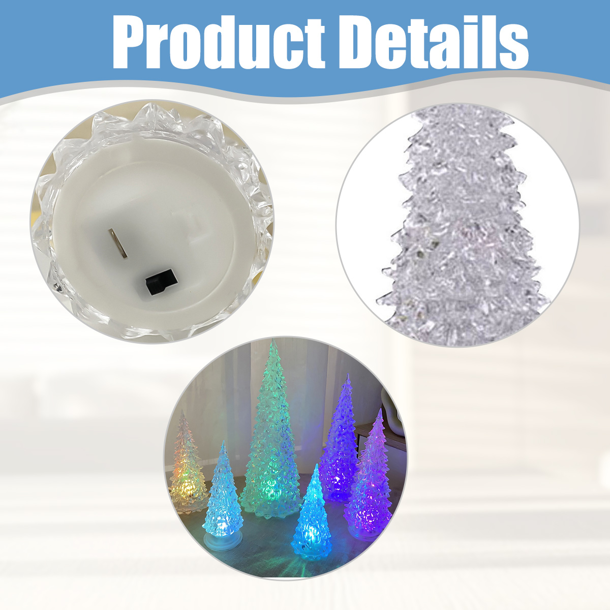 Produktdetails zeigen die Unterseite und Textur leuchtender Acryl-Weihnachtsbäume.