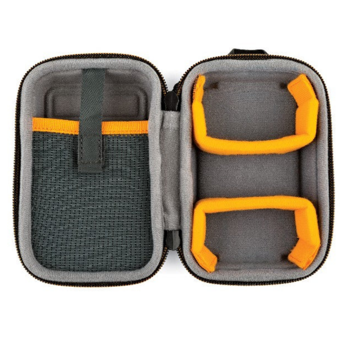 Geöffnete graue Hartschalen-Tasche mit orangen Details und Netztasche innen.