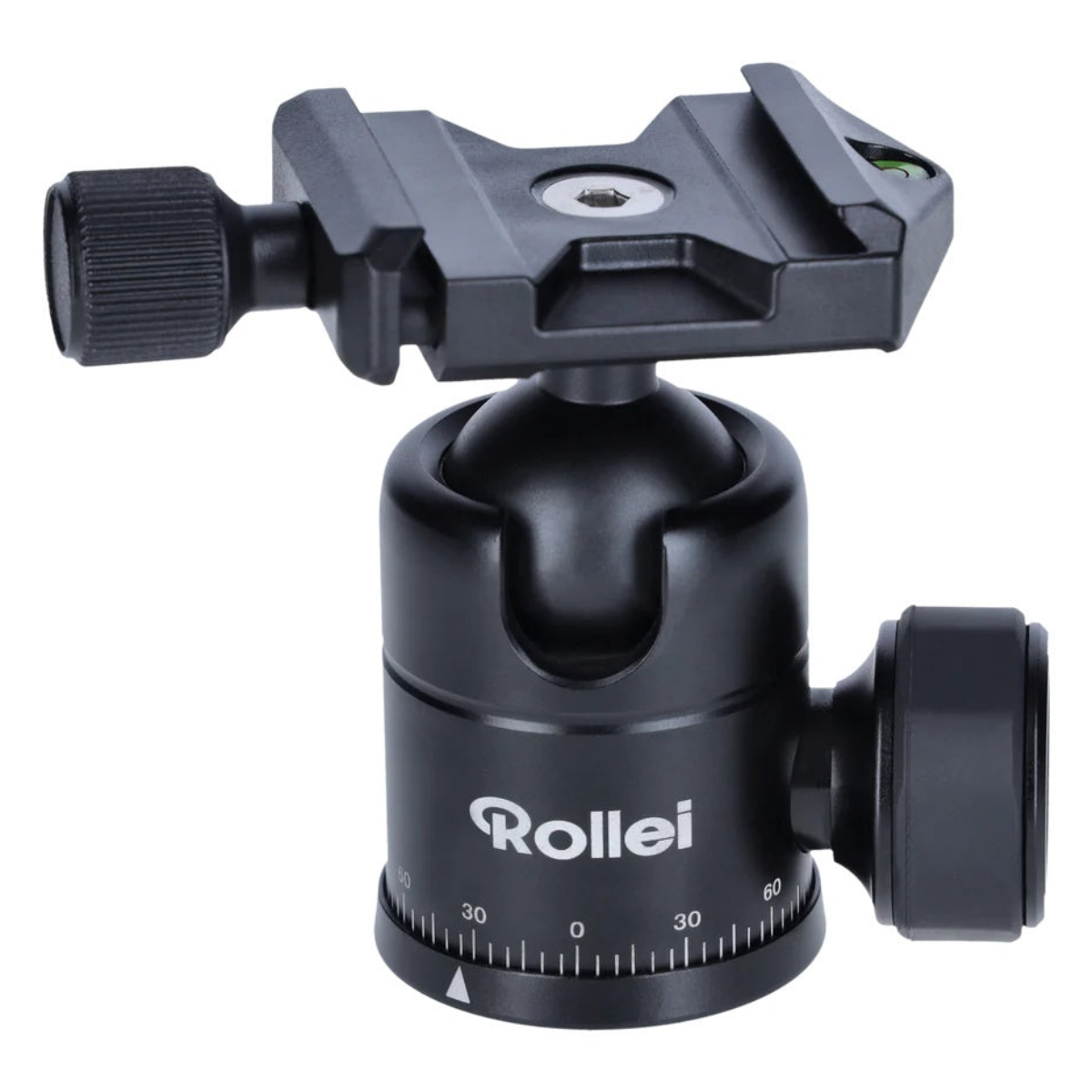 Rotula de tripode Rollei negra con perillas de ajuste y escala sobre fondo blanco.
