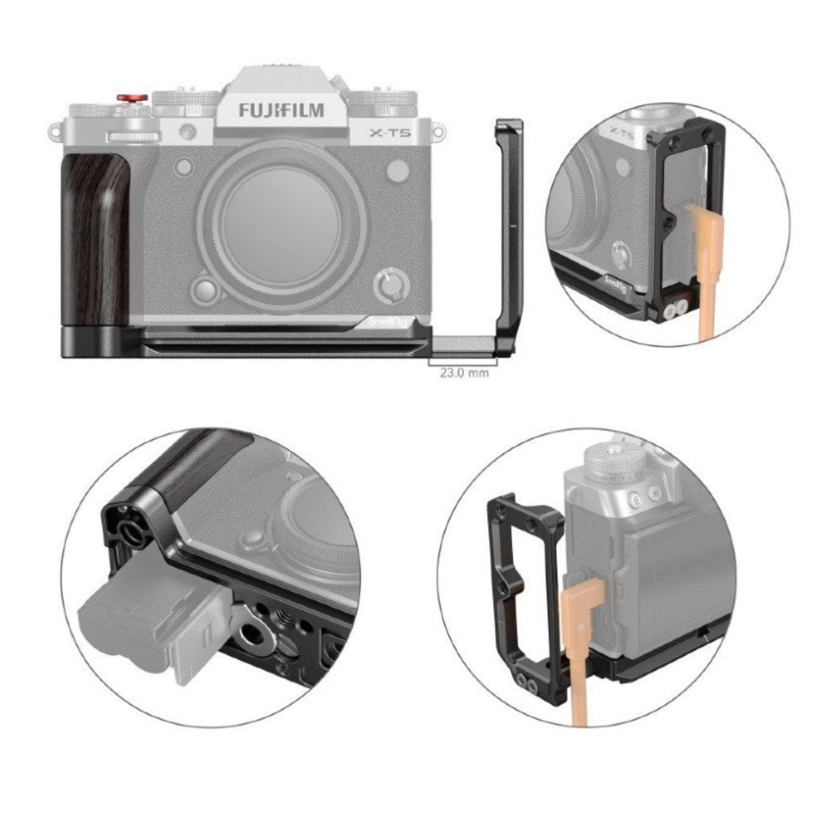 Diagramm zeigt eine Fujifilm X-T5 Kamera mit L-Bracket, Akku und Kabelanschluss.