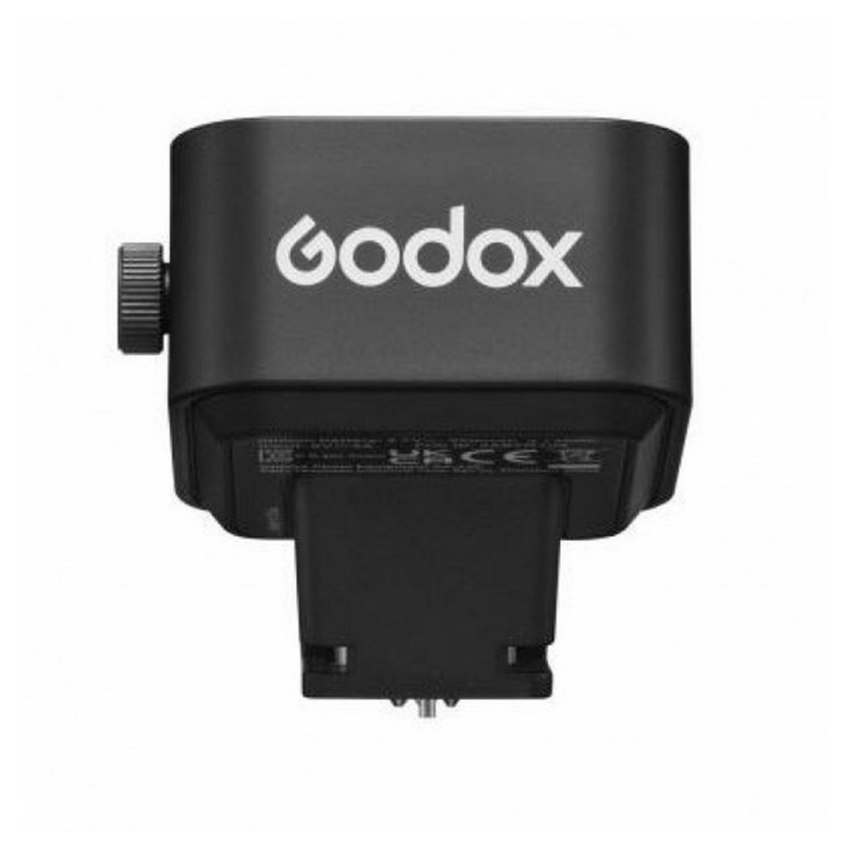 Unità flash Godox nera con logo bianco e rotella laterale su sfondo bianco.