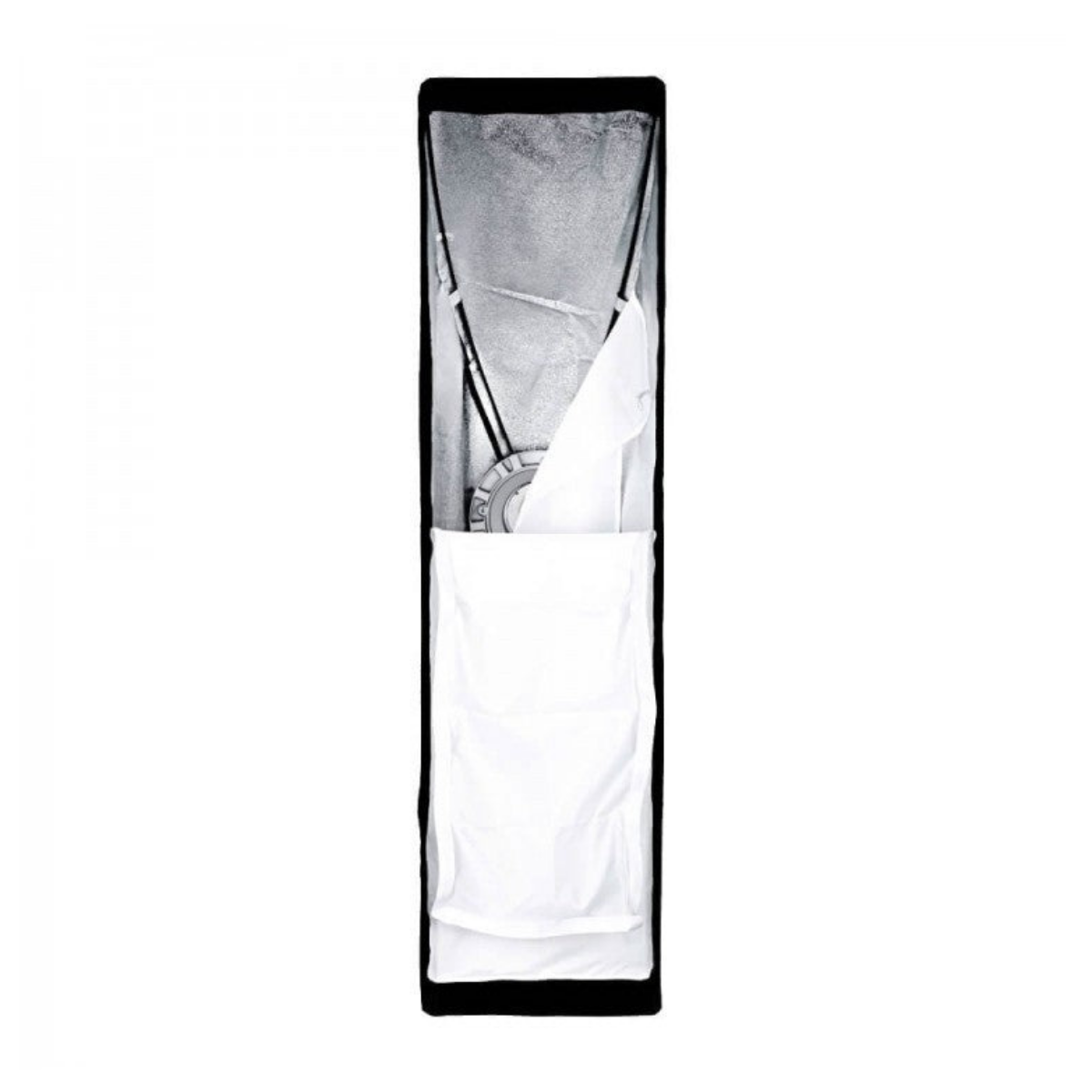 Un softbox fotografico nero e argento, allineato verticalmente su sfondo bianco.