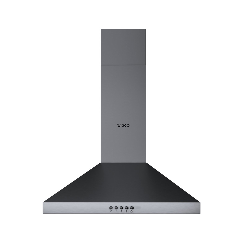 Modern grey cooker hood with stainless steel chimney and WIGGO brand logo.