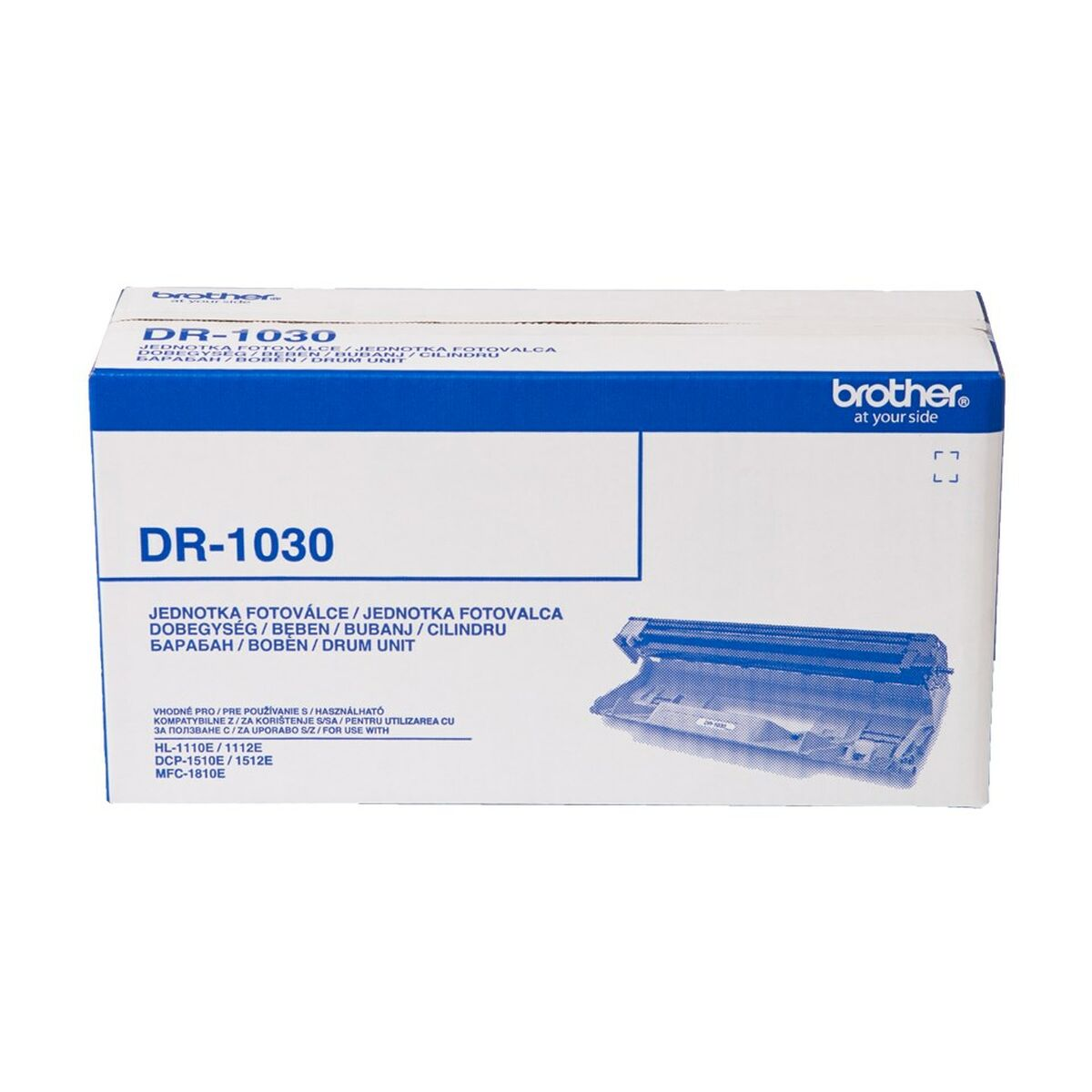 Niebiesko-białe pudełko bębna Brother DR-1030 na białym tle.