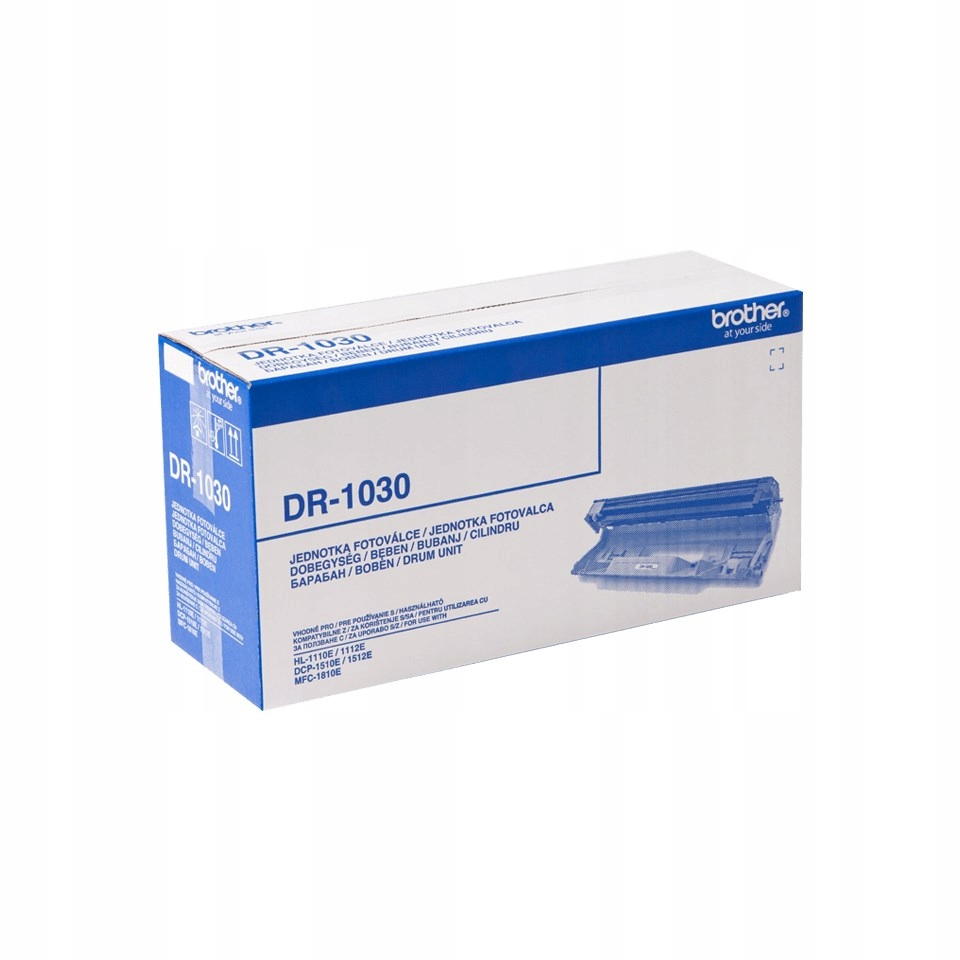 Niebiesko-białe pudełko bębna Brother DR-1030 na białym tle.