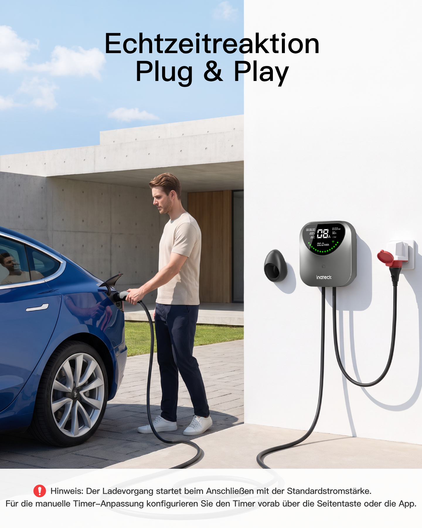 Ein Mann schließt ein Ladekabel an ein blaues Elektroauto an, neben einer grauen Inateck-Ladestation an einer weißen Wand.