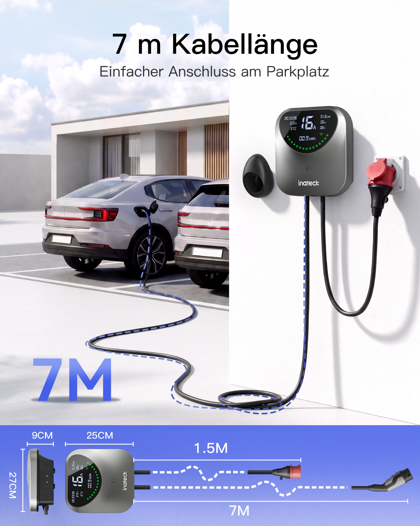 Wandladestation mit 7m Kabel, das ein Elektroauto auf einem Parkplatz lädt, mit Maßangaben unten.